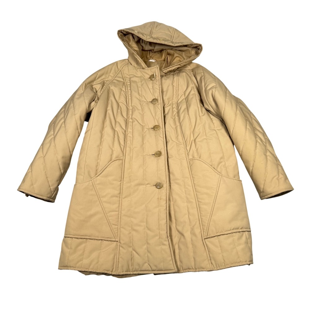 Vintage 70s Aurora International by Abbmoor Quilted Hooded Parka Coat Tan Womens